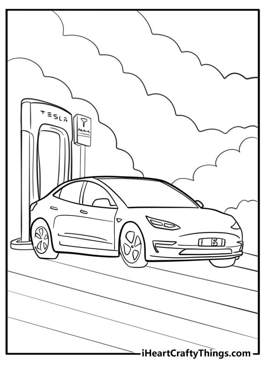 Detailed coloring image presenting Tesla car charging with a supercharger station