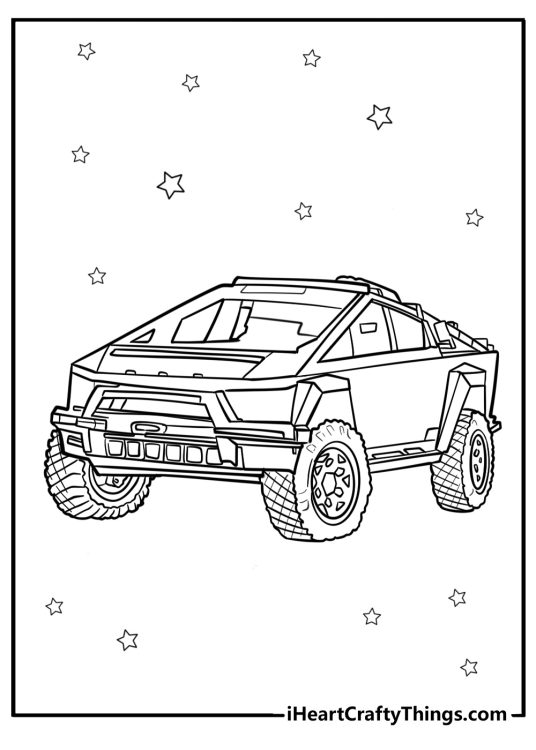 Higly detailed coloring picture for adults presenting Tesla Cybertruck with stars in the background