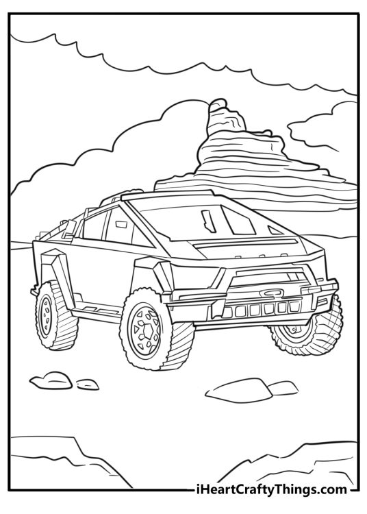Coloring book page for kids featuring Tesla Cybertruck parked in a desert landscape