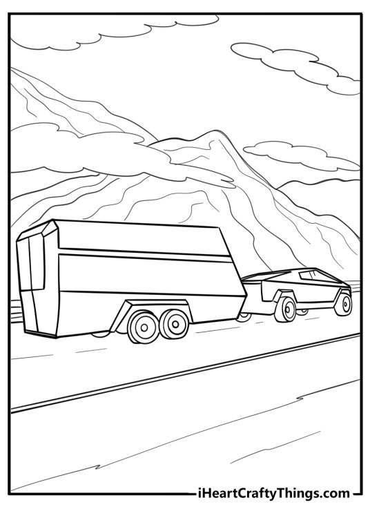 Detailed coloring image presenting Tesla Cybertruck towing a trailer while passing mountains