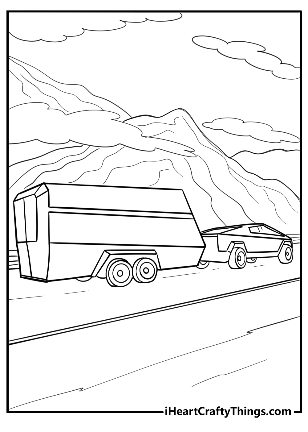 Tesla cybertruck towing a trailer detailed coloring sheet