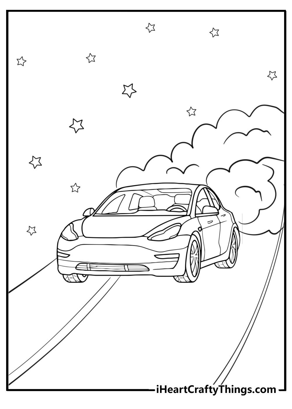 Tesla electric cars on a highway fun coloring sheet for kids