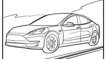 Tesla electric vehicle in motion coloring page for kids