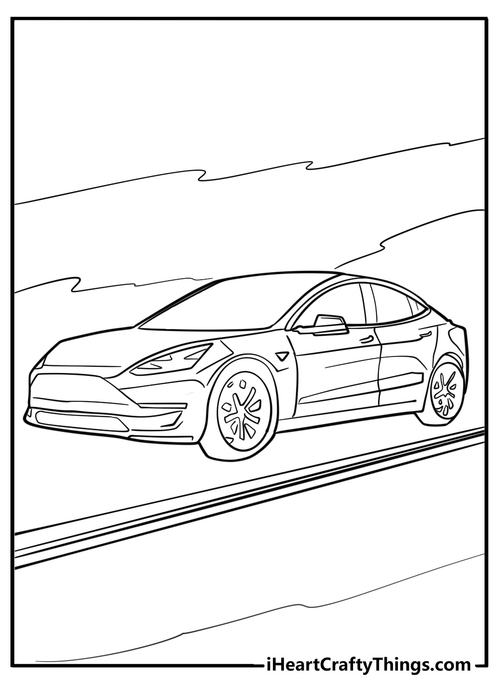 Tesla electric vehicle in motion coloring page for kids