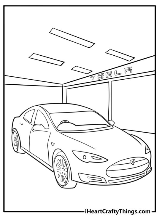Free printable coloring page capturing a shiny new Tesla car ready to leave the factory
