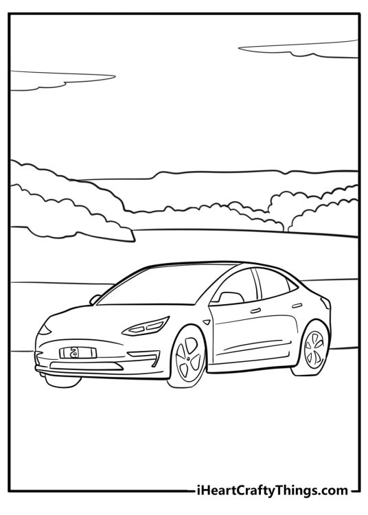 Black-and-white printable picture for kids featuring Tesla Model 3 on a scenic drive
