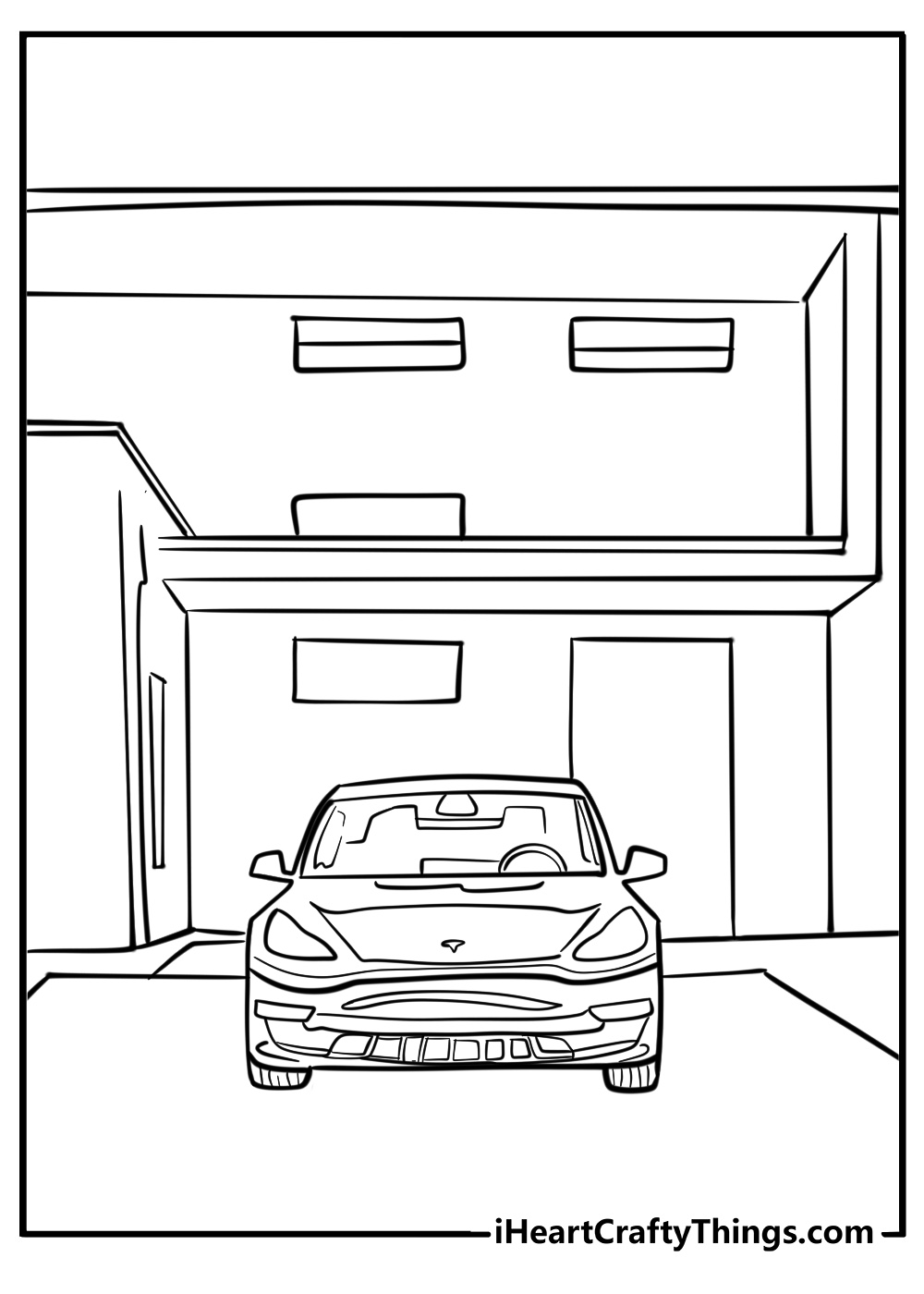 Tesla model 3 parked in front of a house coloring page