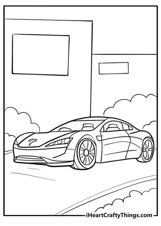 Detailed printable image to color capturing Tesla Model S vehicle driving on the road