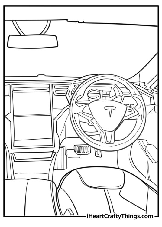 Highly detailed Tesla-themed coloring picture presenting Tesla Model S interior