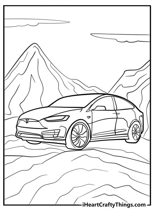 Printable coloring book page featuring iconic vehicle Tesla Model X surrounded by mountains