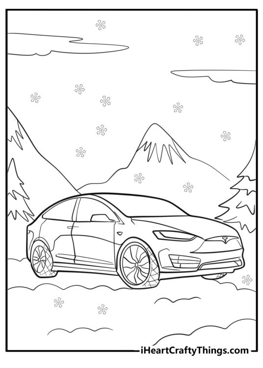 Printable poster for kids capturing Tesla Model X driving through some snowy locations