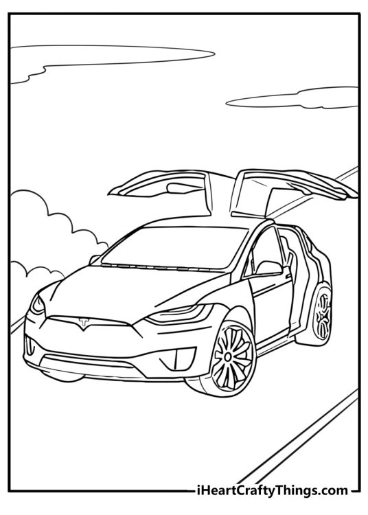 Printable coloring sheet presenting vehicle Tesla Model X with falcon wing doors