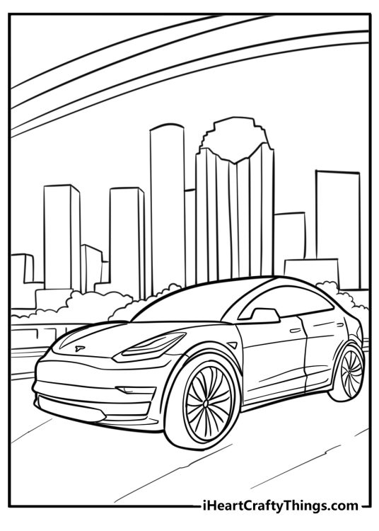 Detailed printable coloring card for adults featuring Tesla Model Y in a cityscape