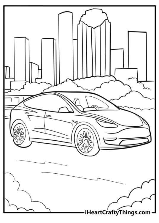 Detailed coloring page for children depicting Tesla Model Y in a futuristic city