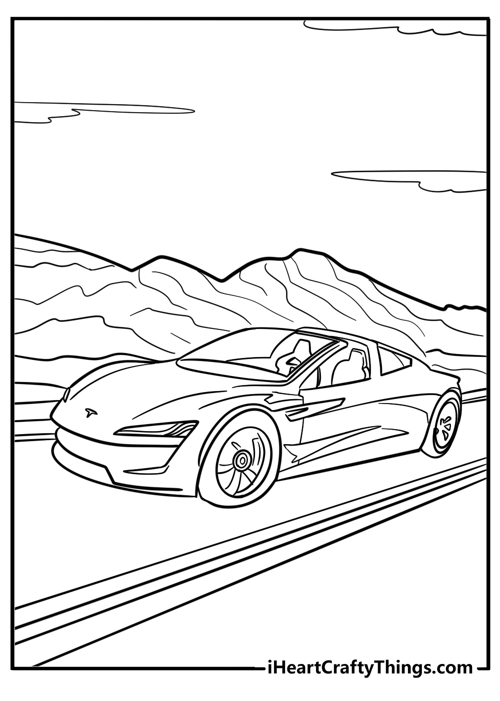 Tesla roadster racing through the streets free coloring page pdf