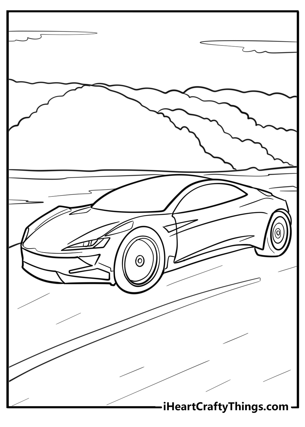 Tesla roadster speeding down the highway detailed coloring sheet