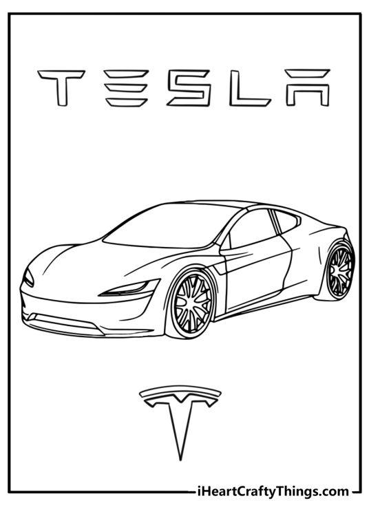 Printable poster featuring amazing Tesla car in the centre surrounded by iconic Tesla logos