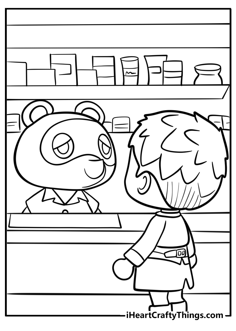 Tom nook at the shop counter printable coloring page