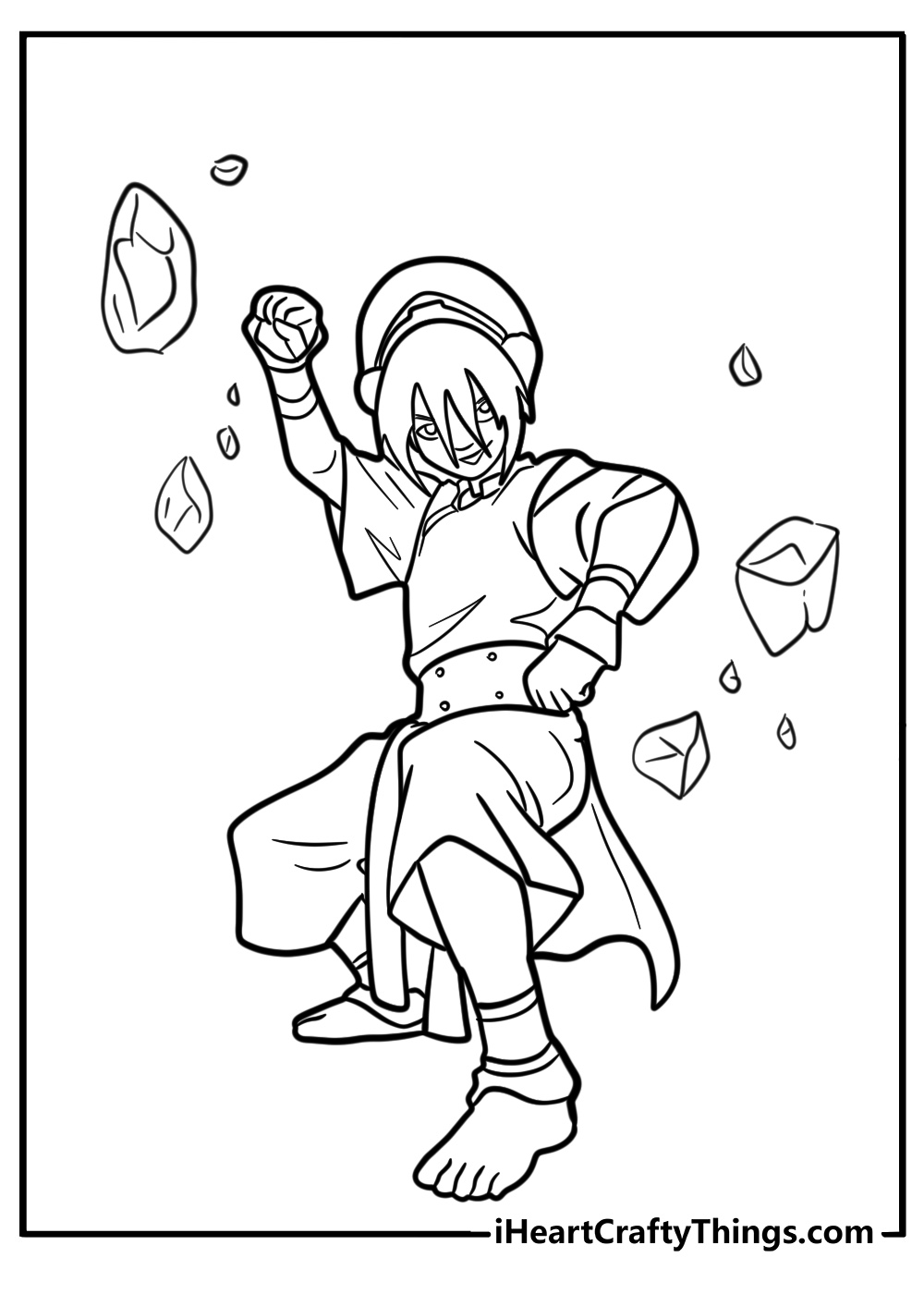 Toph in earthbending pose coloring page for fans