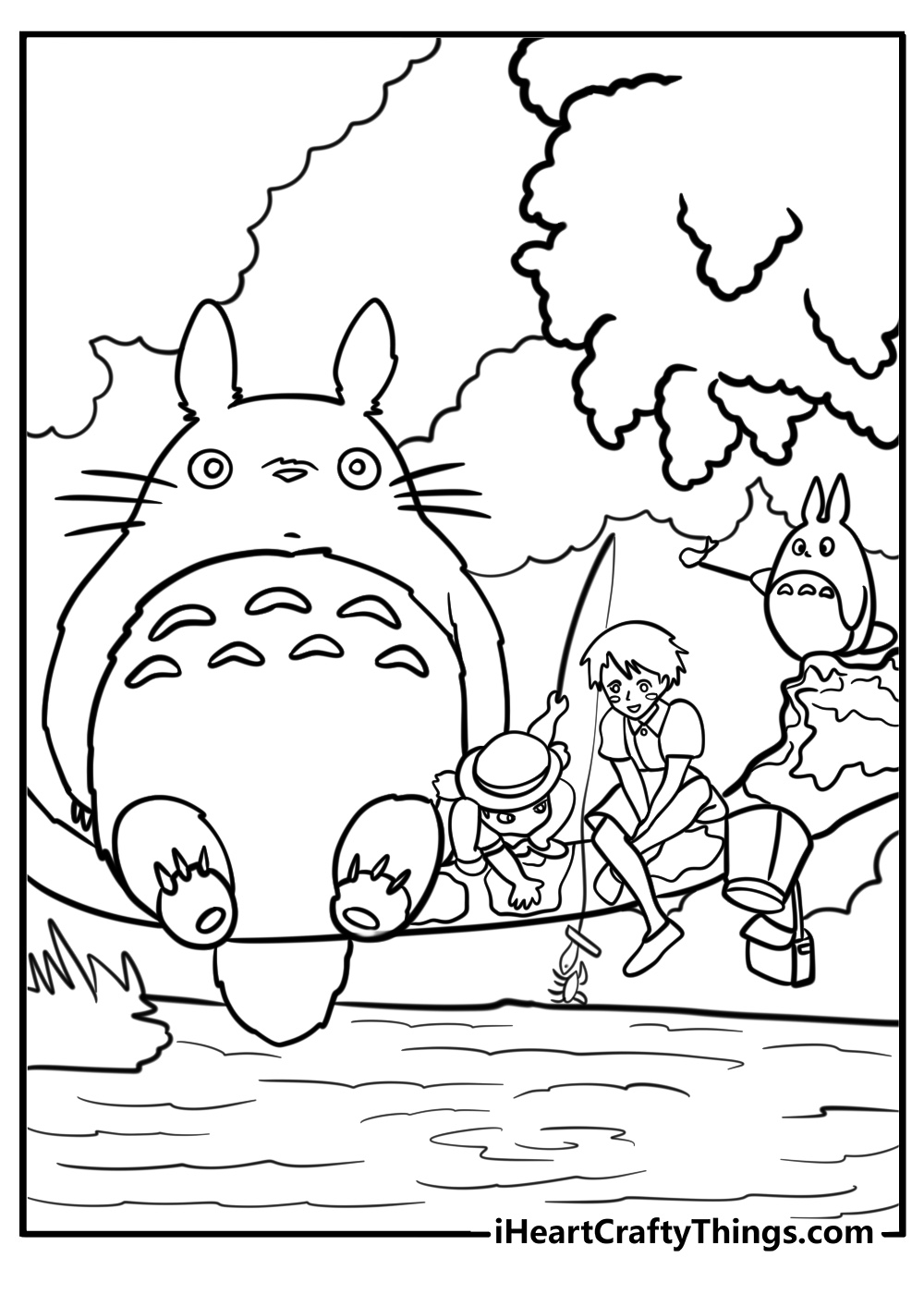 Totoro and friends in the forest coloring page for kids