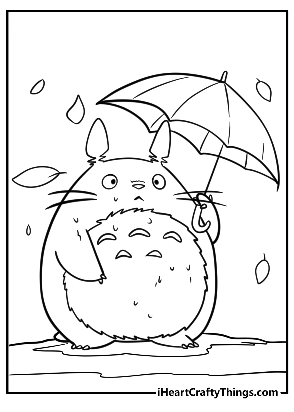 Totoro smiling under an umbrella coloring page for kids