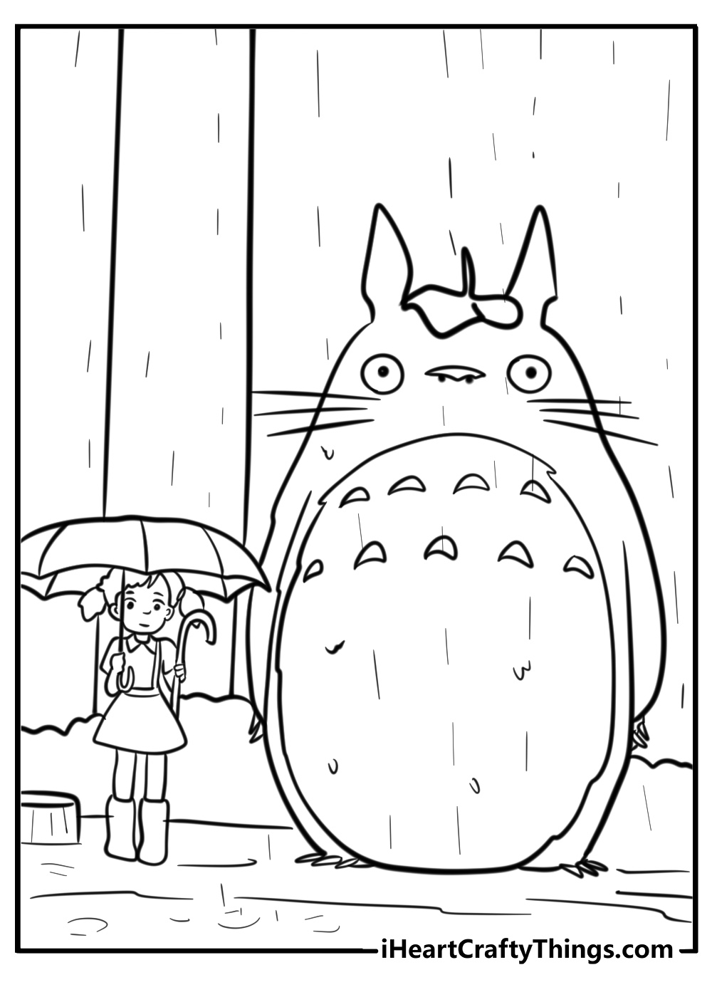 Totoro standing in the rain free coloring page pdf