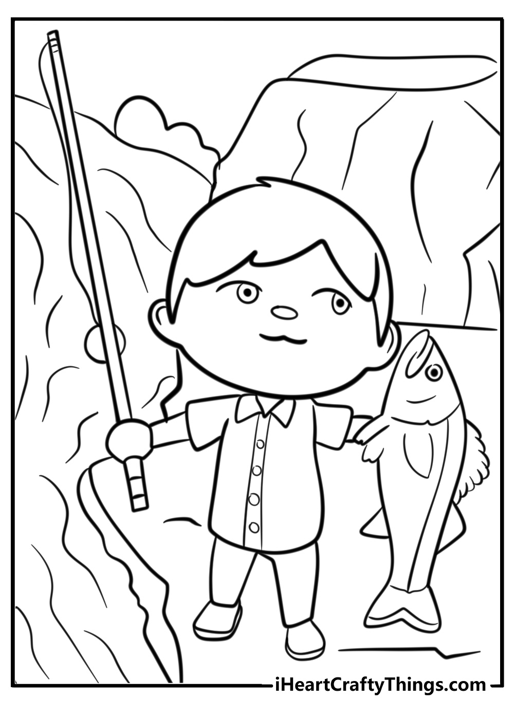 Villager fishing by the river fun printable coloring sheet