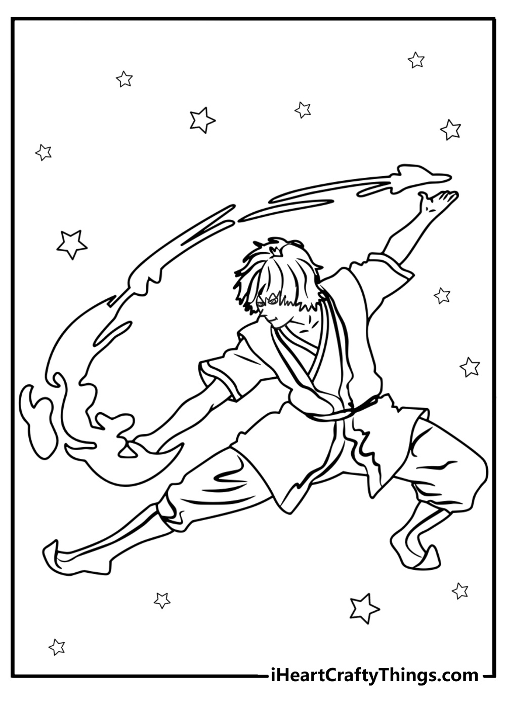 Zuko with firebending flames free coloring page pdf