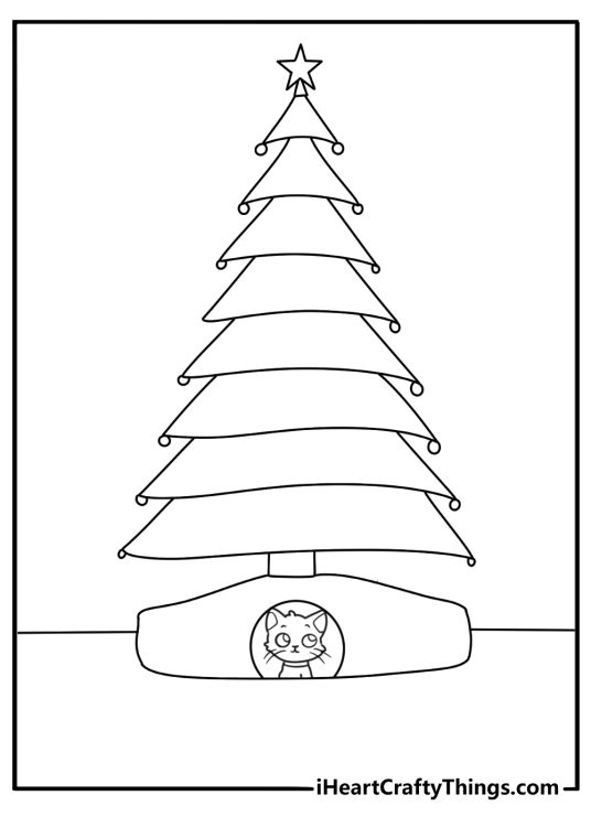 A cat hides beneath a Christmas tree skirt in this fun coloring sheet