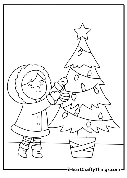 A child places a handmade paper ornament on this festive coloring page