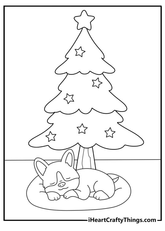 A dog rests beside the tree in this simple Christmas coloring sheet