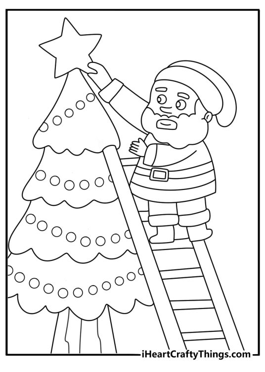 A ladder leans against a tall tree while someone decorate the top branches