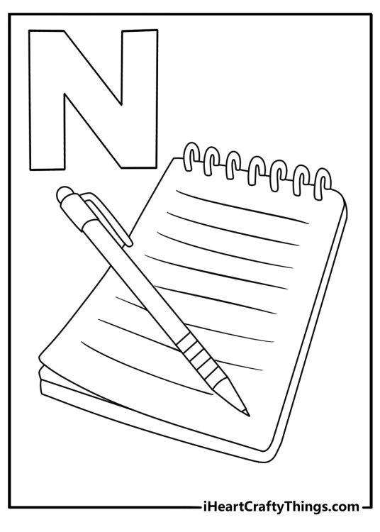 A simple letter N coloring sheet includes a notebook and pencil