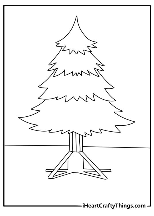 A wooden tree stand supports a freshly cut fir in this easy coloring page