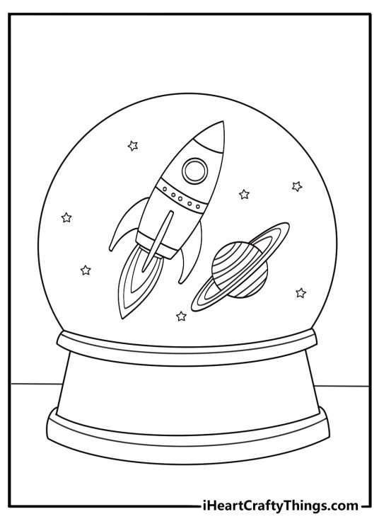 Advanced coloring page of snow globe with space rocket and tiny planets