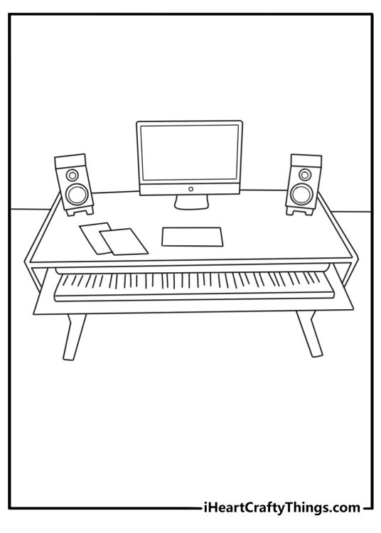 BTS coloring pages scene featuring a music studio desk with lyric sheets