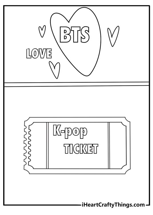 BTS coloring sheet with a K pop concert ticket and fan banner