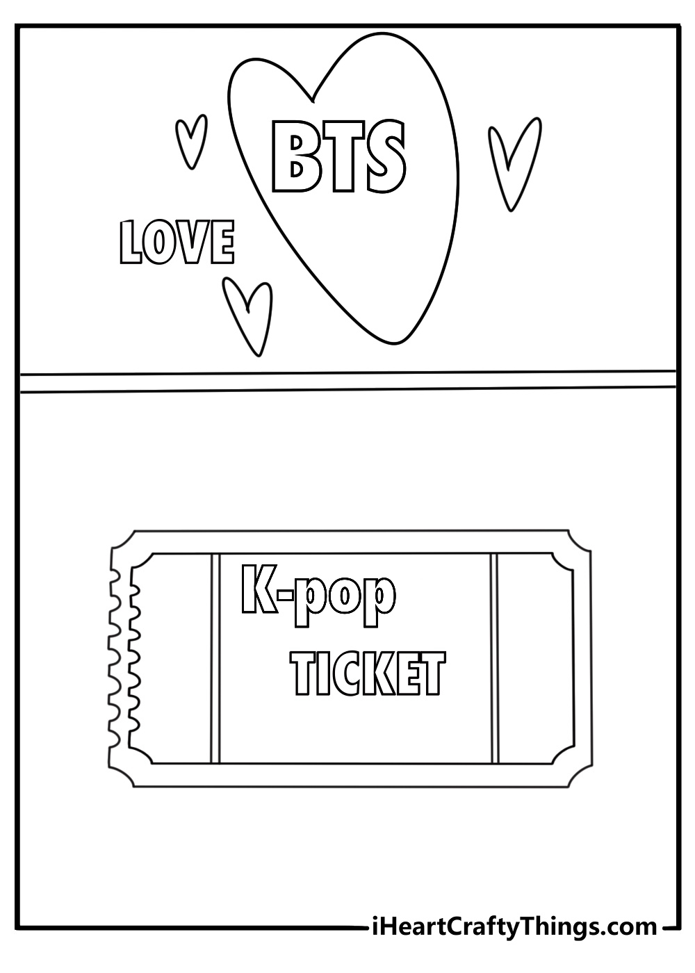 BTS coloring sheet with a K pop concert ticket and fan banner