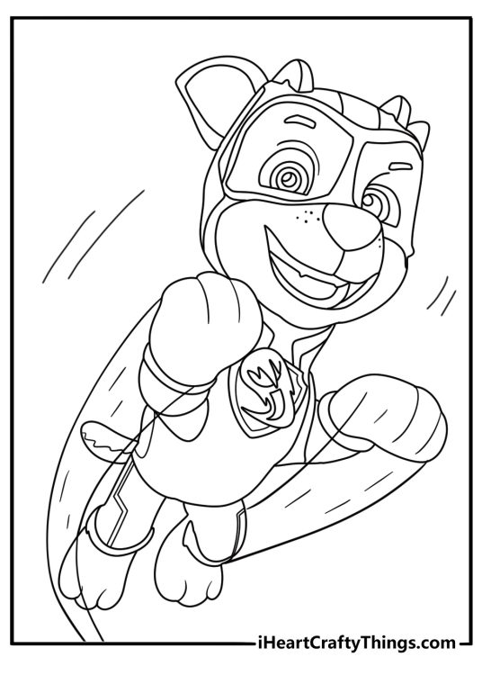 Black and white printable presenting Chase from Paw Patrol with bright bursts of energy sticking out from him