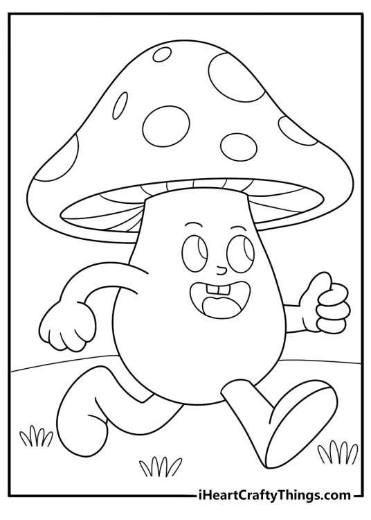 Cartoon mushroom character running with tiny legs fun kids coloring page