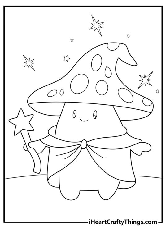 Cartoon mushroom holding a magic wand fantasy themed coloring sheet