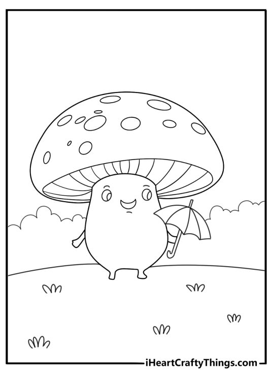 Cartoon mushroom with eyes and arms holding a tiny umbrella coloring page for kids