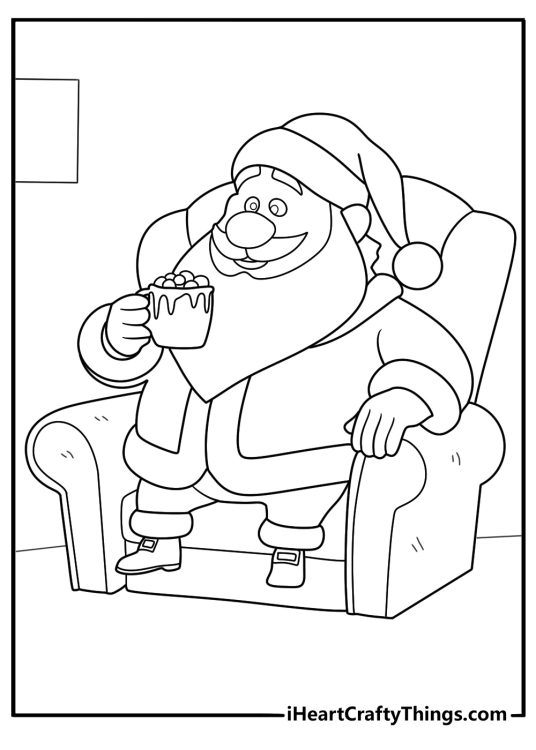 Chibi Santa coloring page sipping hot cocoa in a cozy chair