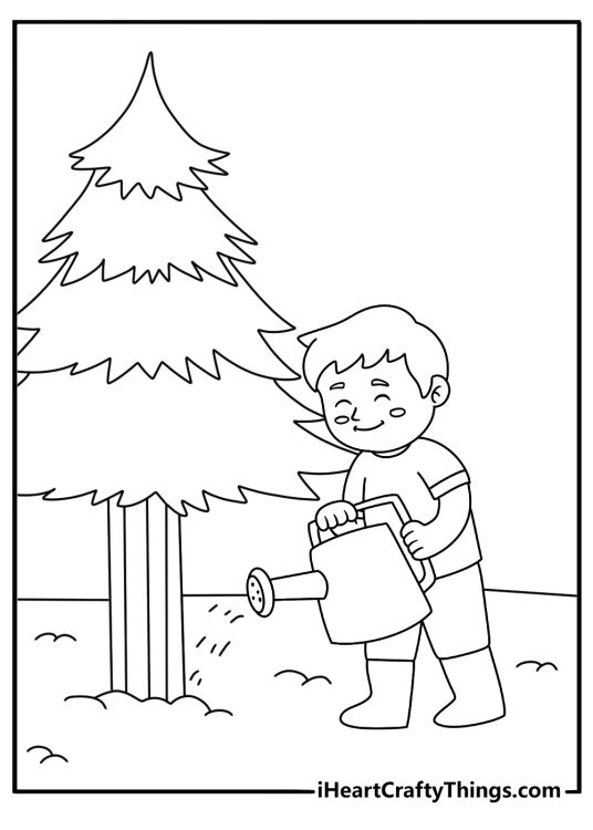 Christmas Tree coloring page for kids showing a child watering the tree base