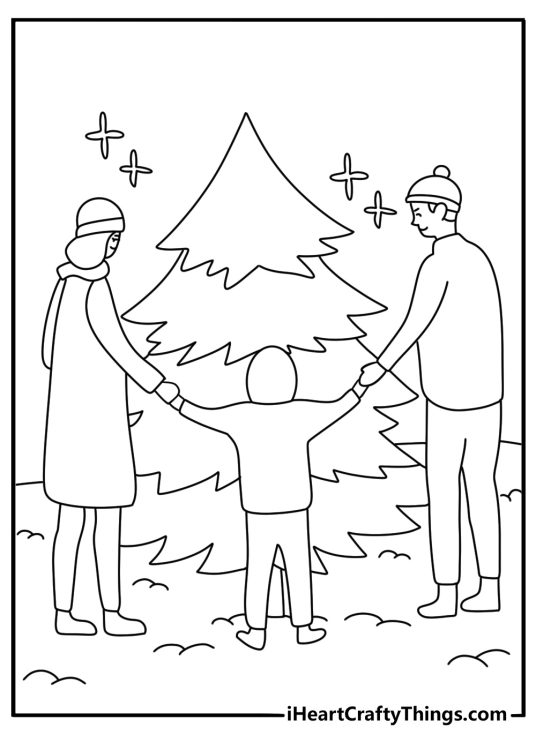 Christmas Tree coloring page showing a family choosing a fir tree at a tree farm