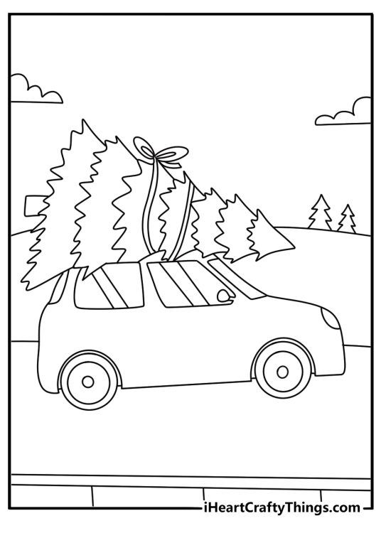 Christmas Tree coloring pages scene showing a tree being carried home on a car roof