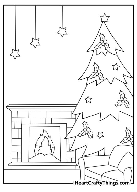 Christmas tree beside a fireplace makes a cozy holiday printable