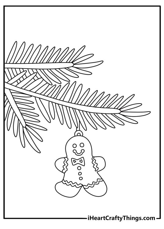 Christmas tree branches hold small gingerbread decorations in this detailed printable