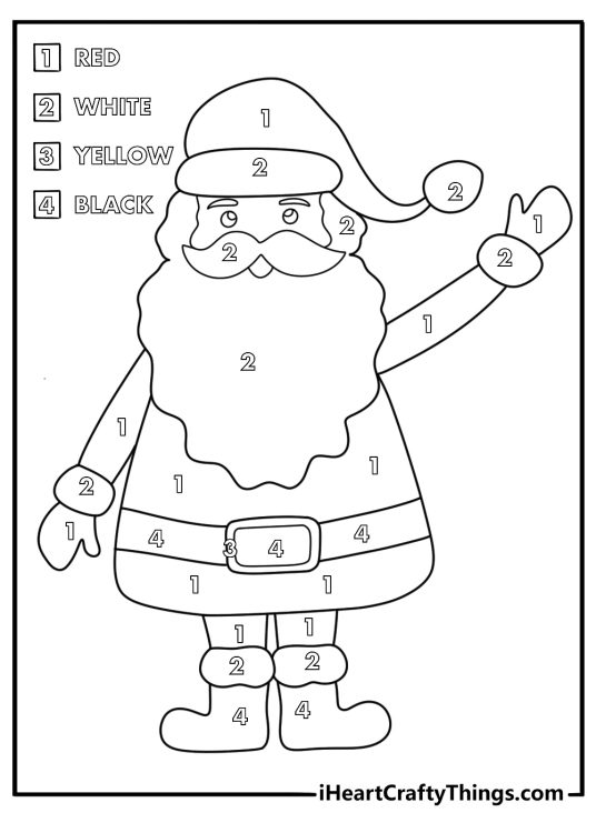 Color by number Santa coloring page with bold easy sections