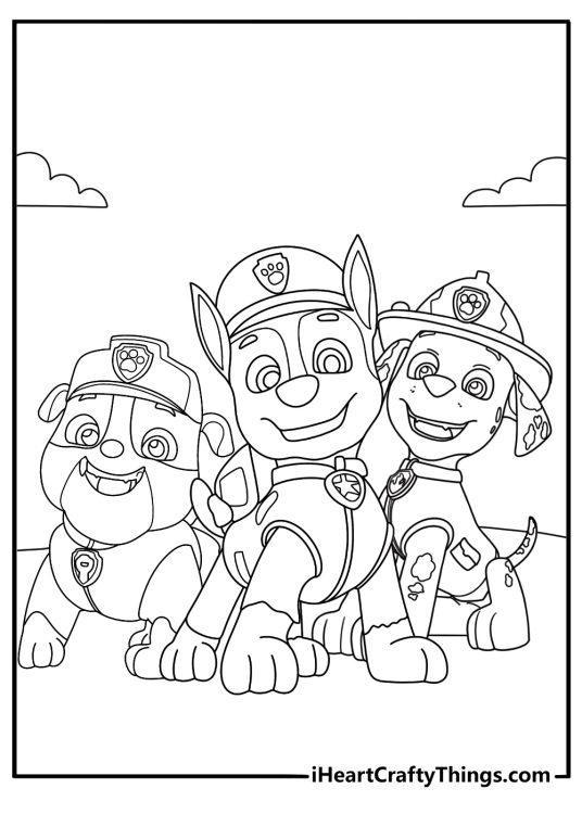 Coloring card featuring Chase Marshall and Rubble with Paw Patrol logo and hearts above them